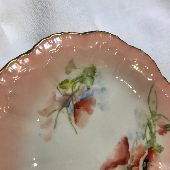 Porcelain Vintage Hand-Painted Plate Pink Poppies Flower Red & Yellow Gold Gild - Picture 5 of 8